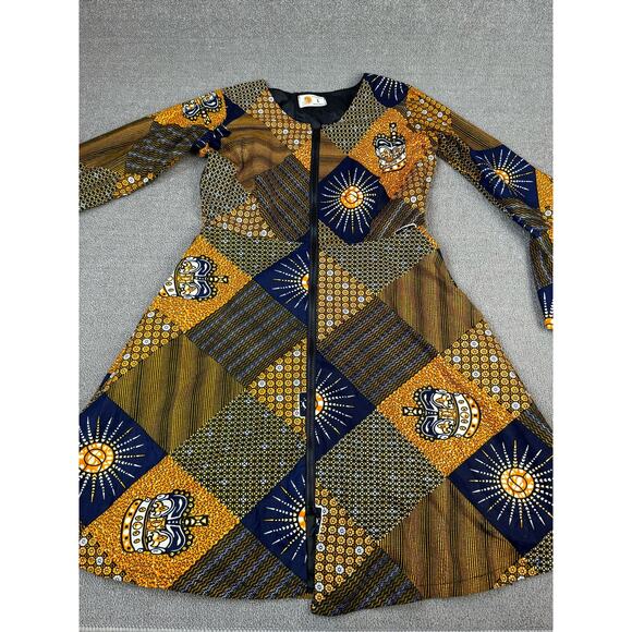 NWT Lola's African Apparel Women's Jacket Dress Blue Gold Size Large - Picture 3 of 10